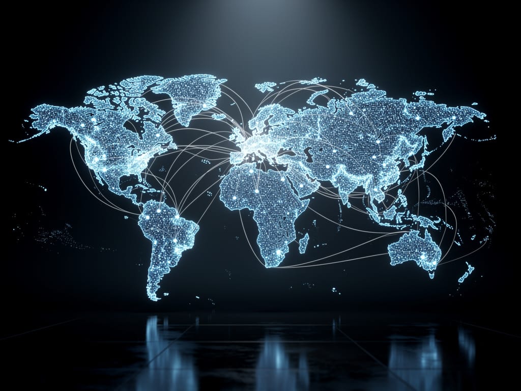 A glowing data visualization of a world map showing demographic connections