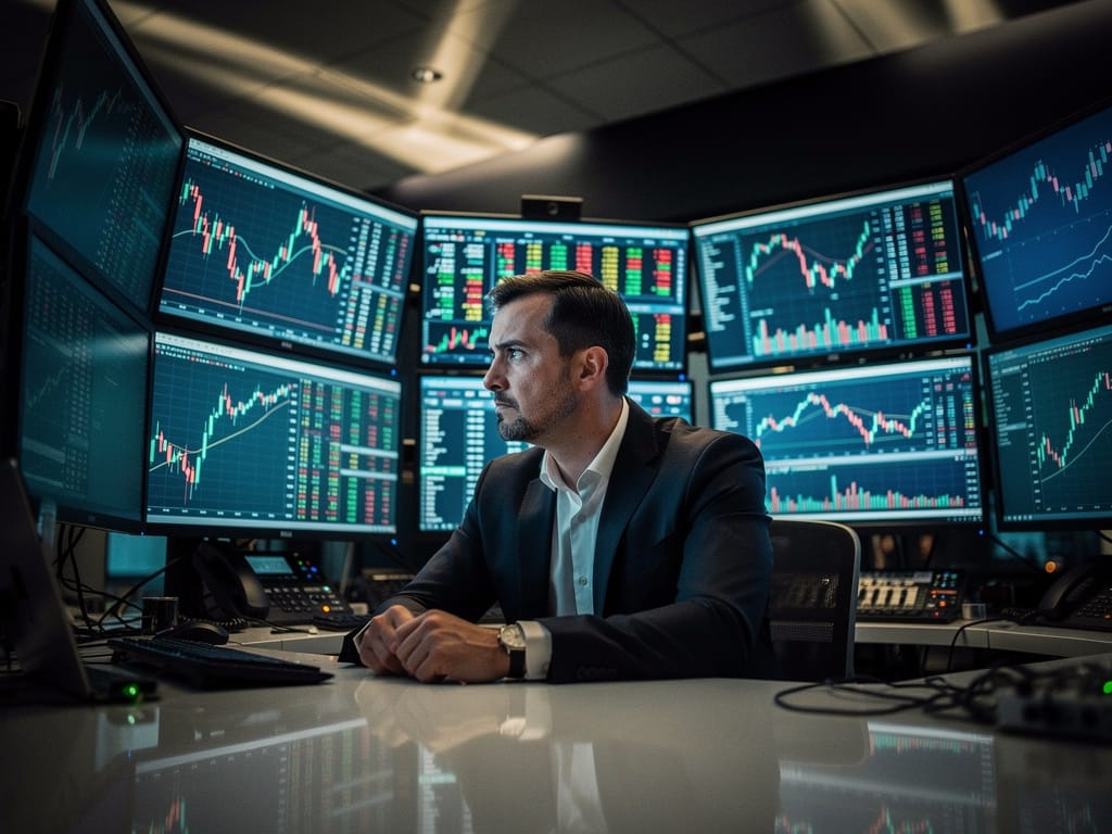 Portfolio manager analyzing sector rotation data on multiple trading screens