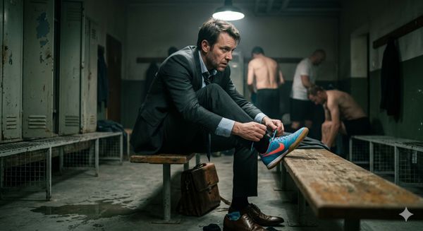 Muškarac cca 40 godina, vidno umoran od posla (blagi podočnjaci, fokusiran izraz lica). Ide na rekreaciju. Odjeća/Akcija: Sje