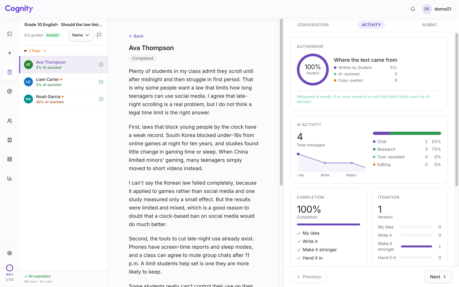 Cognity's Activity tab: Authorship shows 100% Written by Student, with AI messages across the My idea, Write it and Make it stronger stages.