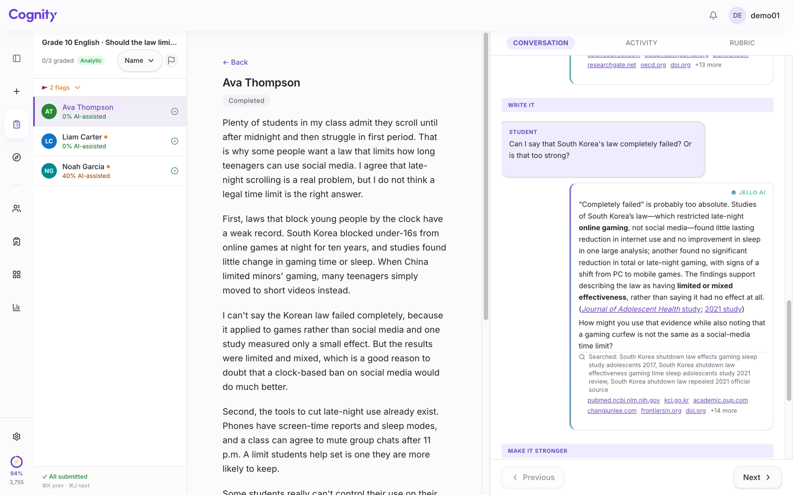 Cognity's Conversation tab: during the Write it stage a student asks Jello whether she can say South Korea's gaming curfew completely failed, and Jello says the evidence is mixed.