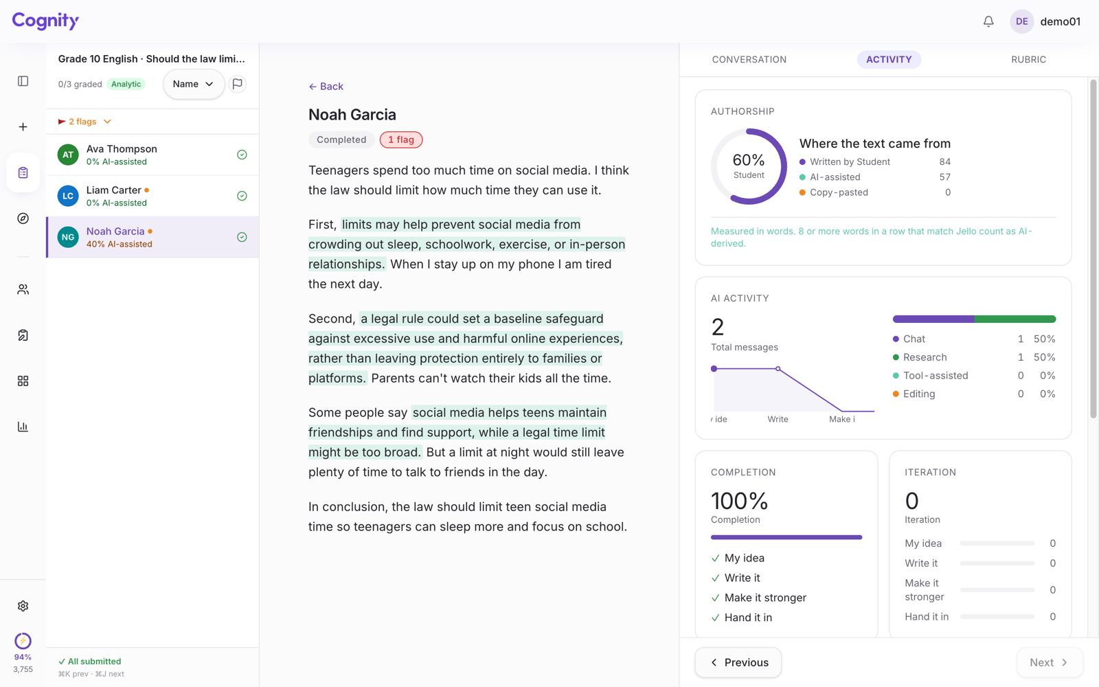 Cognity's Activity tab for a student who copied some of Jello's answers: 60% Written by Student, 57 words AI-assisted, with the matching sentences highlighted in the essay.