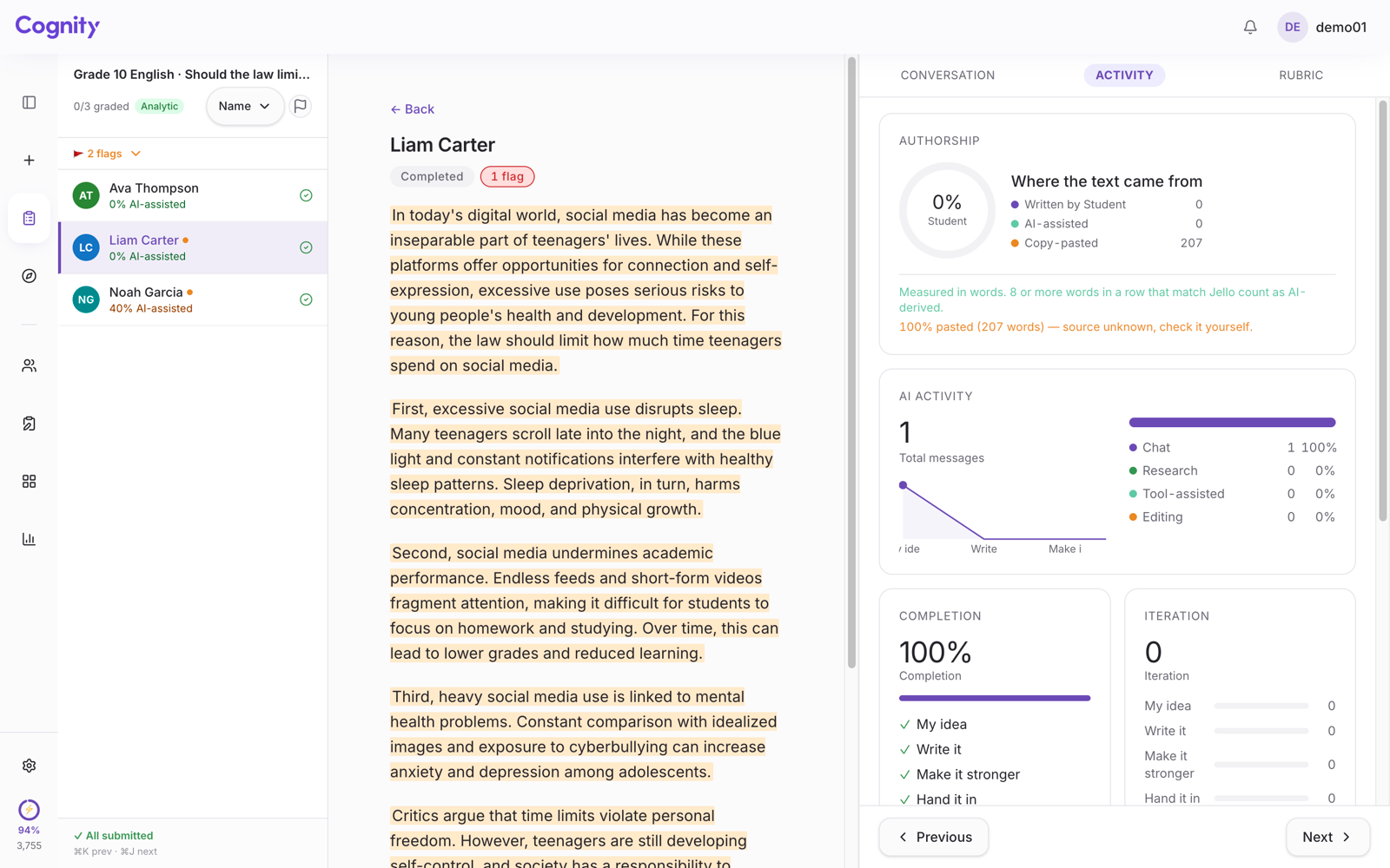 Cognity's Activity tab for an essay pasted in whole: 207 words Copy-pasted, 100% pasted, source unknown.