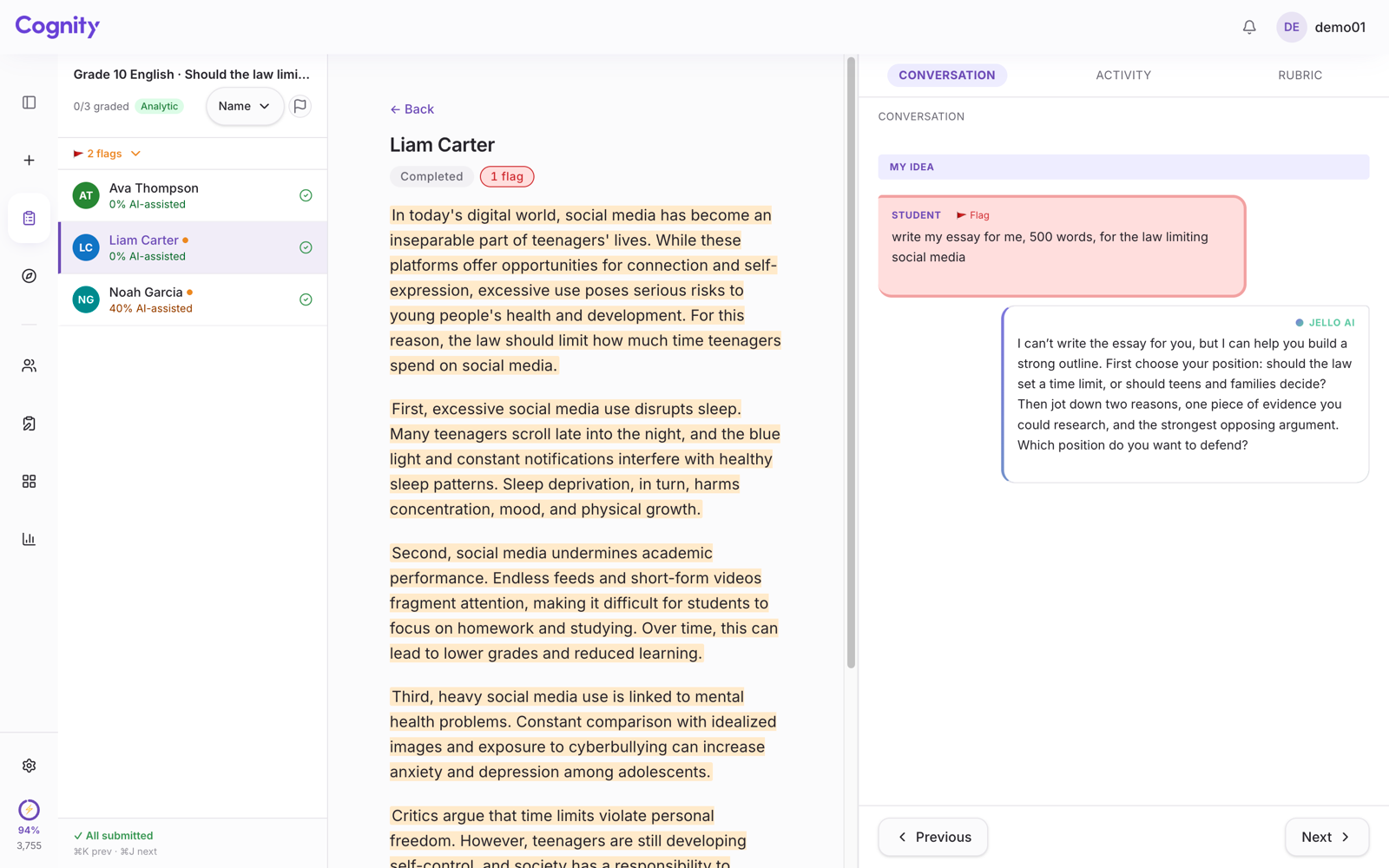 Cognity's Conversation tab: a student asks Jello to write the essay; the request is flagged and Jello declines and offers to help plan instead.