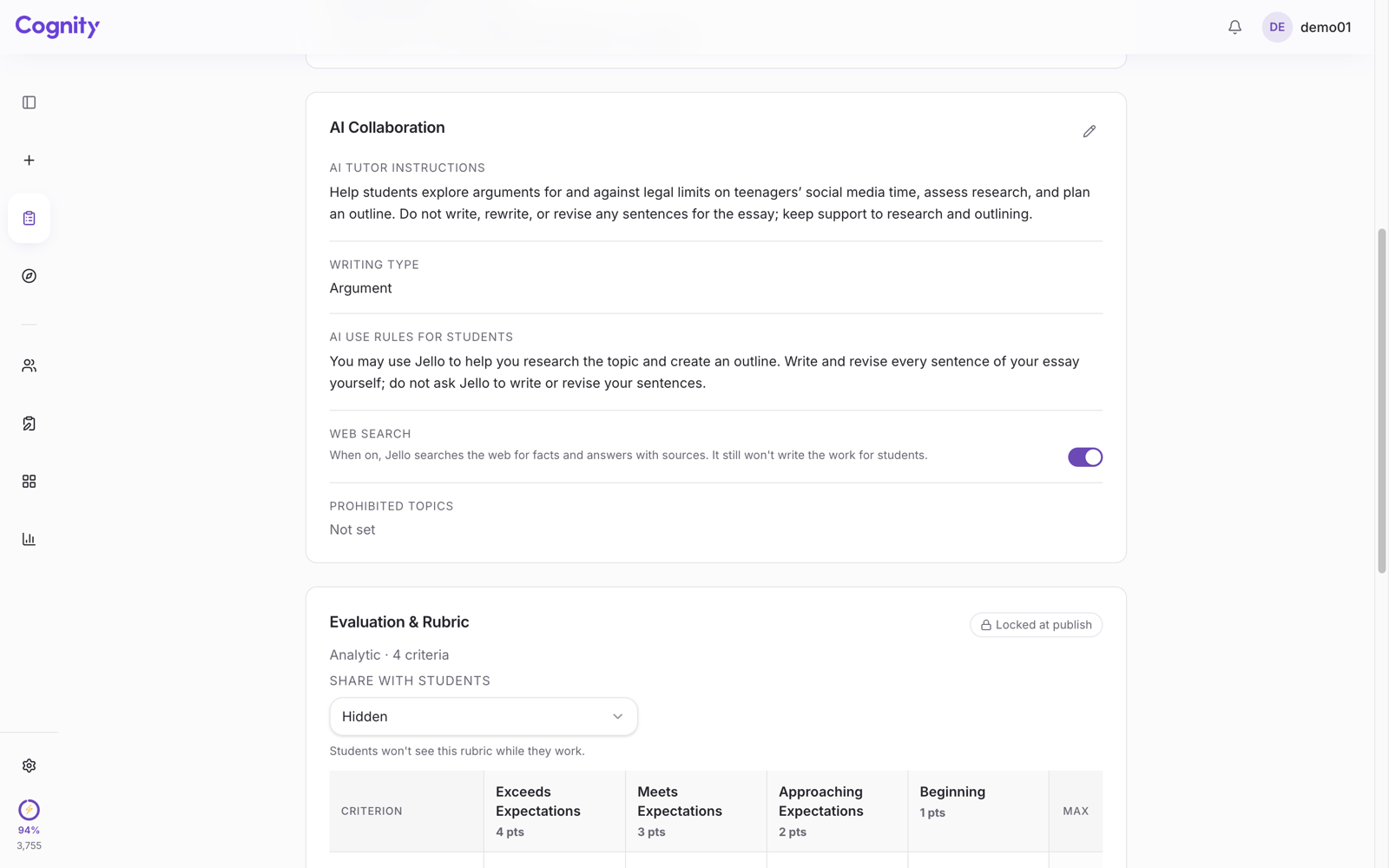 Cognity assignment setup: the AI collaboration section with the AI tutor instructions and the AI rules shown to students.