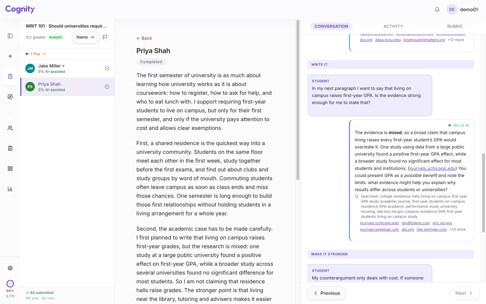 Cognity's Conversation tab in the instructor view. During the Write it stage, a student asks Jello whether evidence that living on campus raises GPA is strong enough, and Jello says the evidence is mixed.