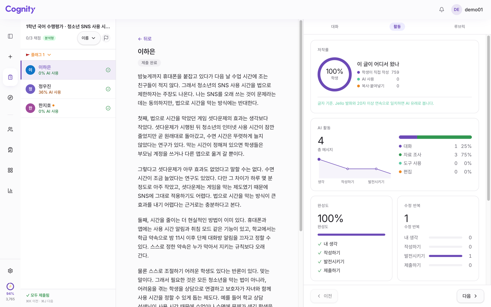Cognity 교사 화면의 활동 탭. 저작률 100% 학생, AI 활동이 내 생각·작성하기·발전시키기 단계에 나뉘어 있다