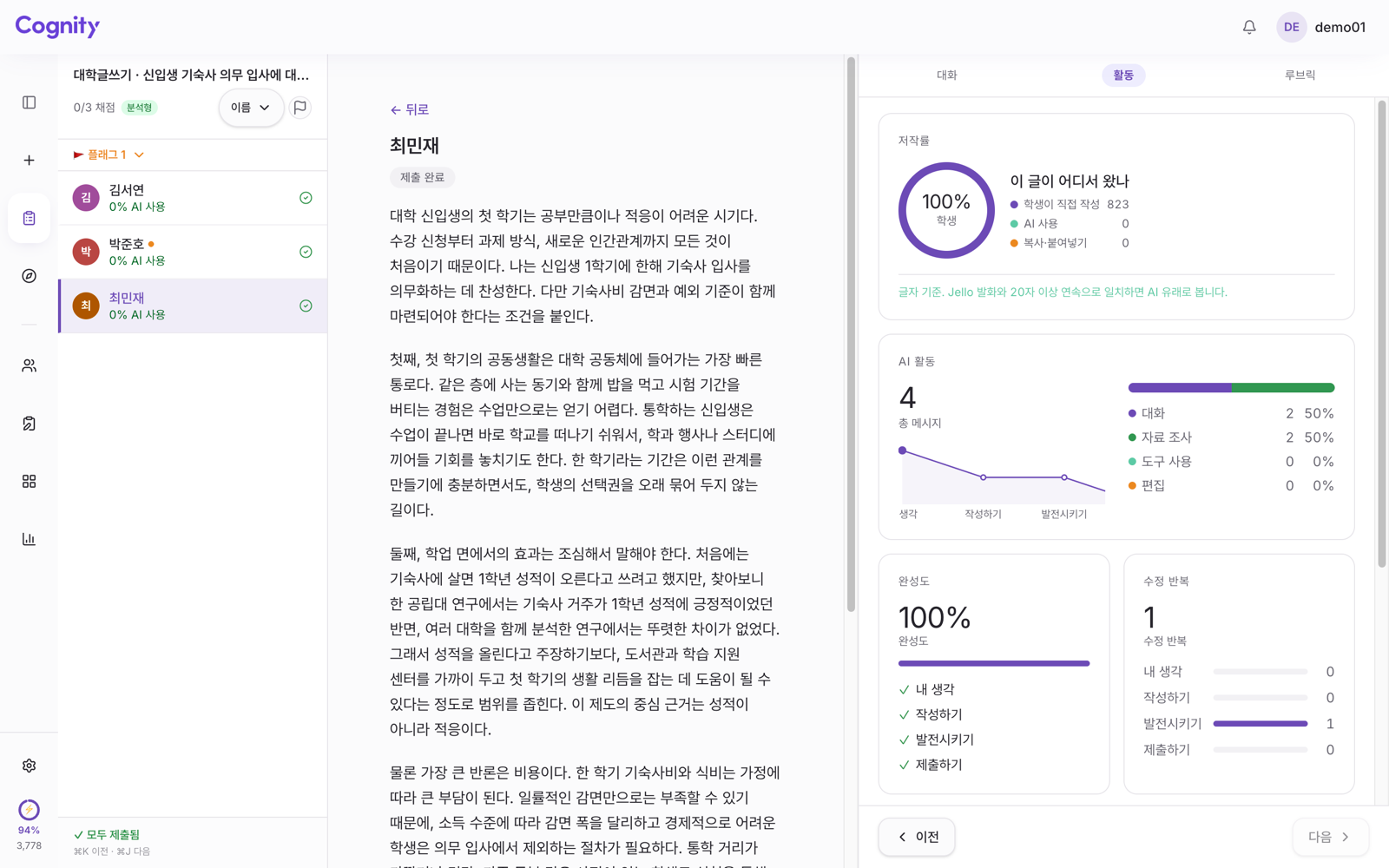 Cognity 교수 화면의 활동 탭. 저작률 100% 학생, AI 활동 4회가 내 생각·작성하기·발전시키기 단계에 나뉘어 있다