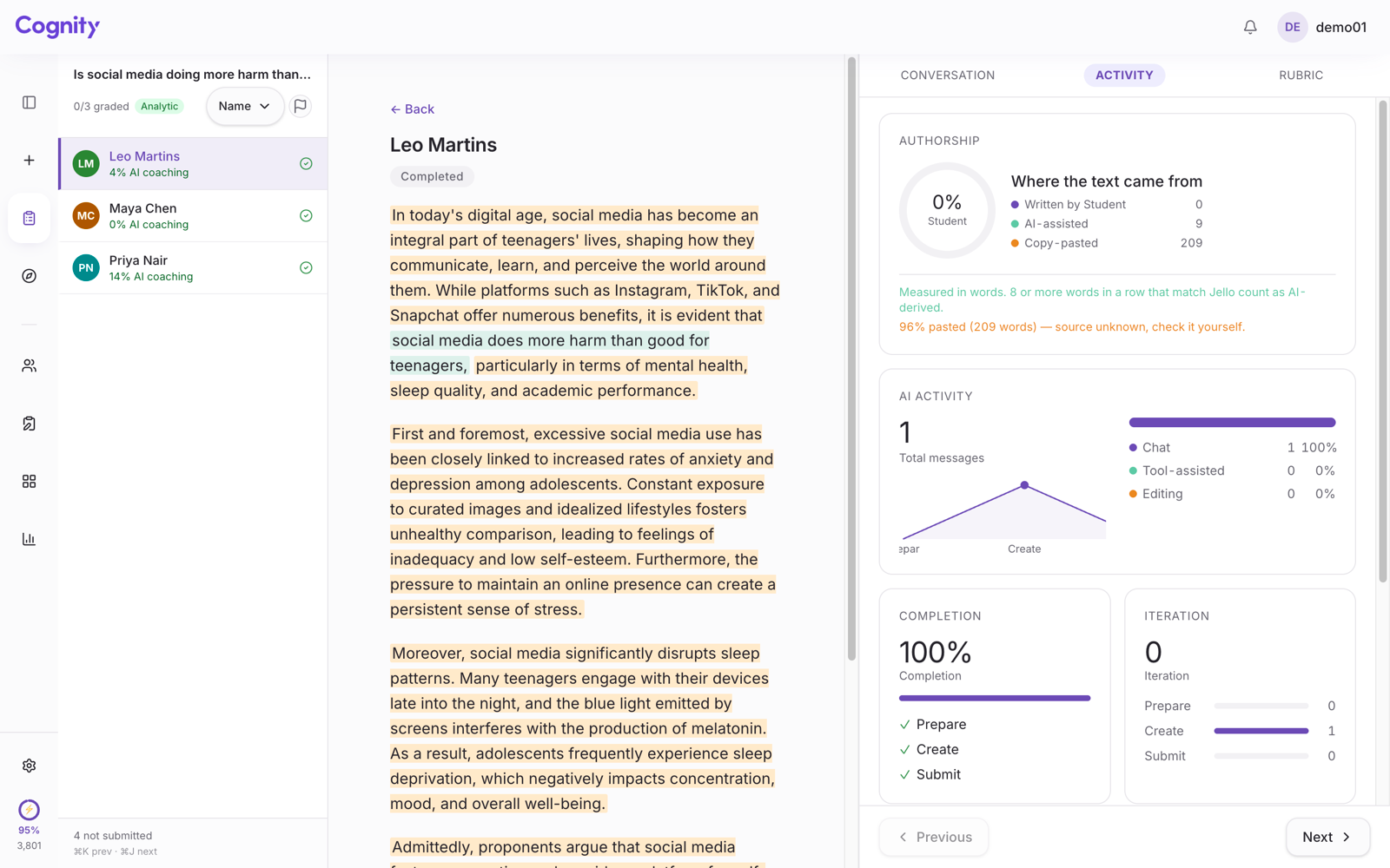 Cognity review screen, Authorship panel: 0% written by student, 9 words AI-assisted, 209 words copy-pasted from an unknown source.