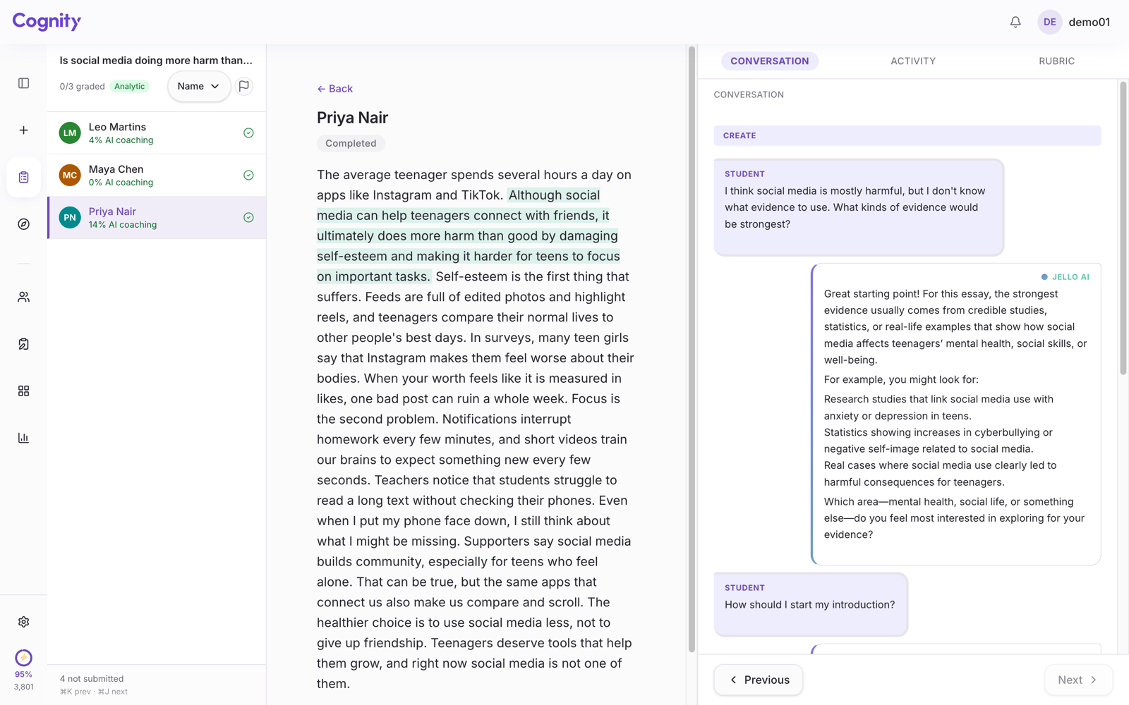 Cognity review screen showing the student's conversation with the AI tutor beside their essay, with the sentences that match the AI highlighted.