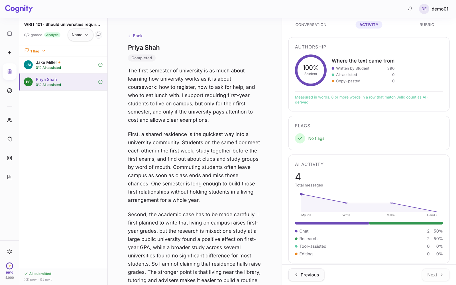 Cognity review screen, Activity tab: the authorship card shows Written by Student 390, AI-assisted 0, Copy-pasted 0, with AI activity by stage below