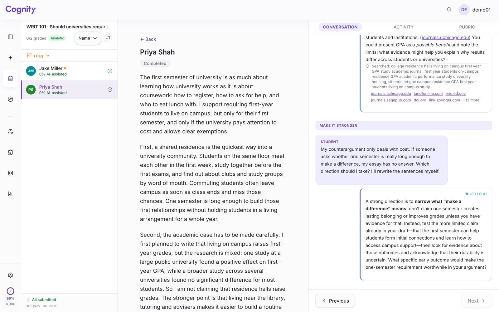 Cognity review screen, Conversation tab: in the Make it stronger stage the student asks which direction to take her counterargument and says she will rewrite the sentences herself