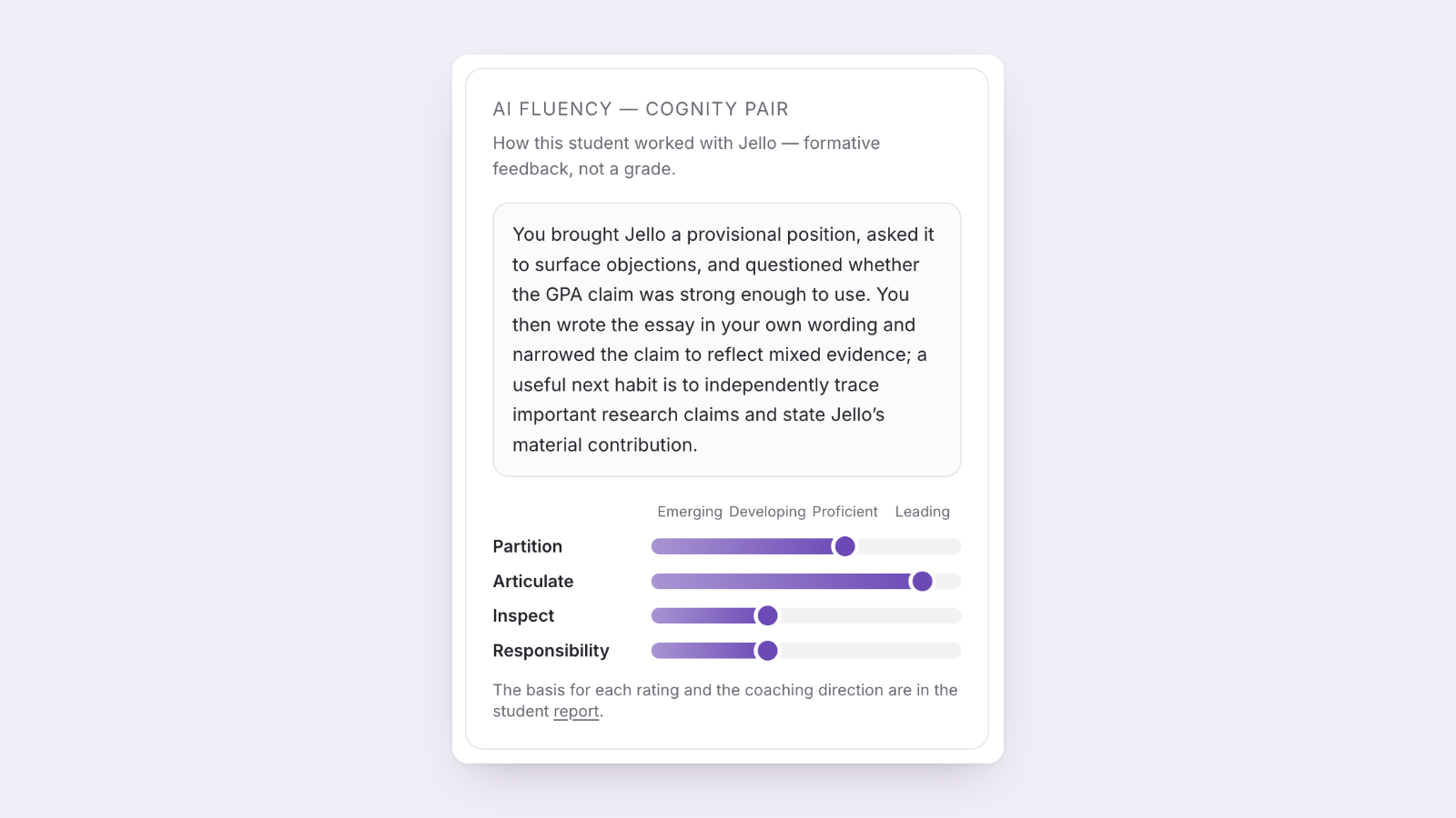 Cognity AI fluency card, COGNITY PAIR: a written summary of how the student worked with Jello and four bars for Partition, Articulate, Inspect and Responsibility