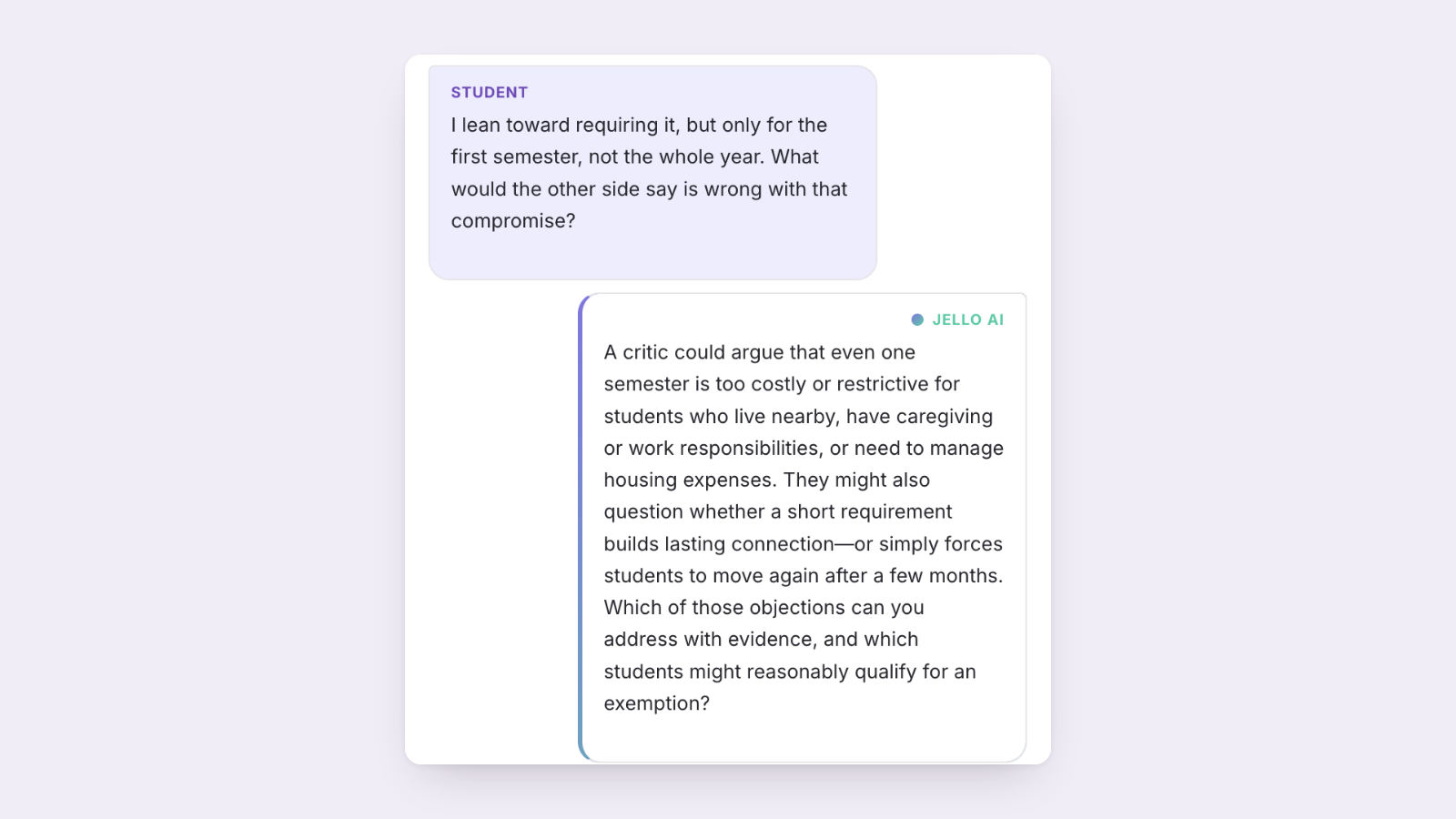 Cognity review screen, Conversation tab: in the My idea stage the student states her position and asks what the other side would say against her compromise