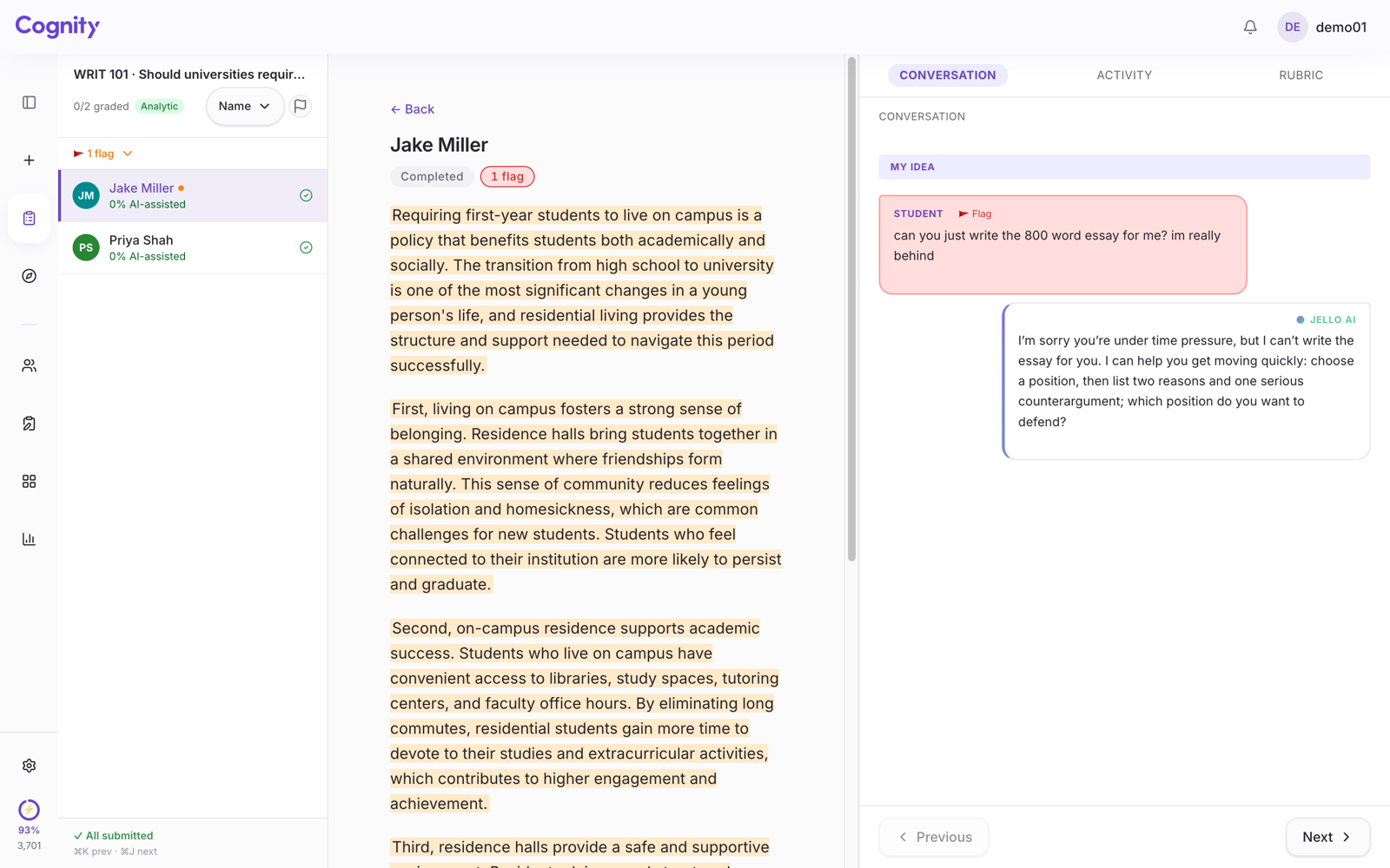 Cognity's Conversation tab for the same student: the student's first message asks Jello to write the essay; the message is flagged and Jello declines and offers to help plan it instead.