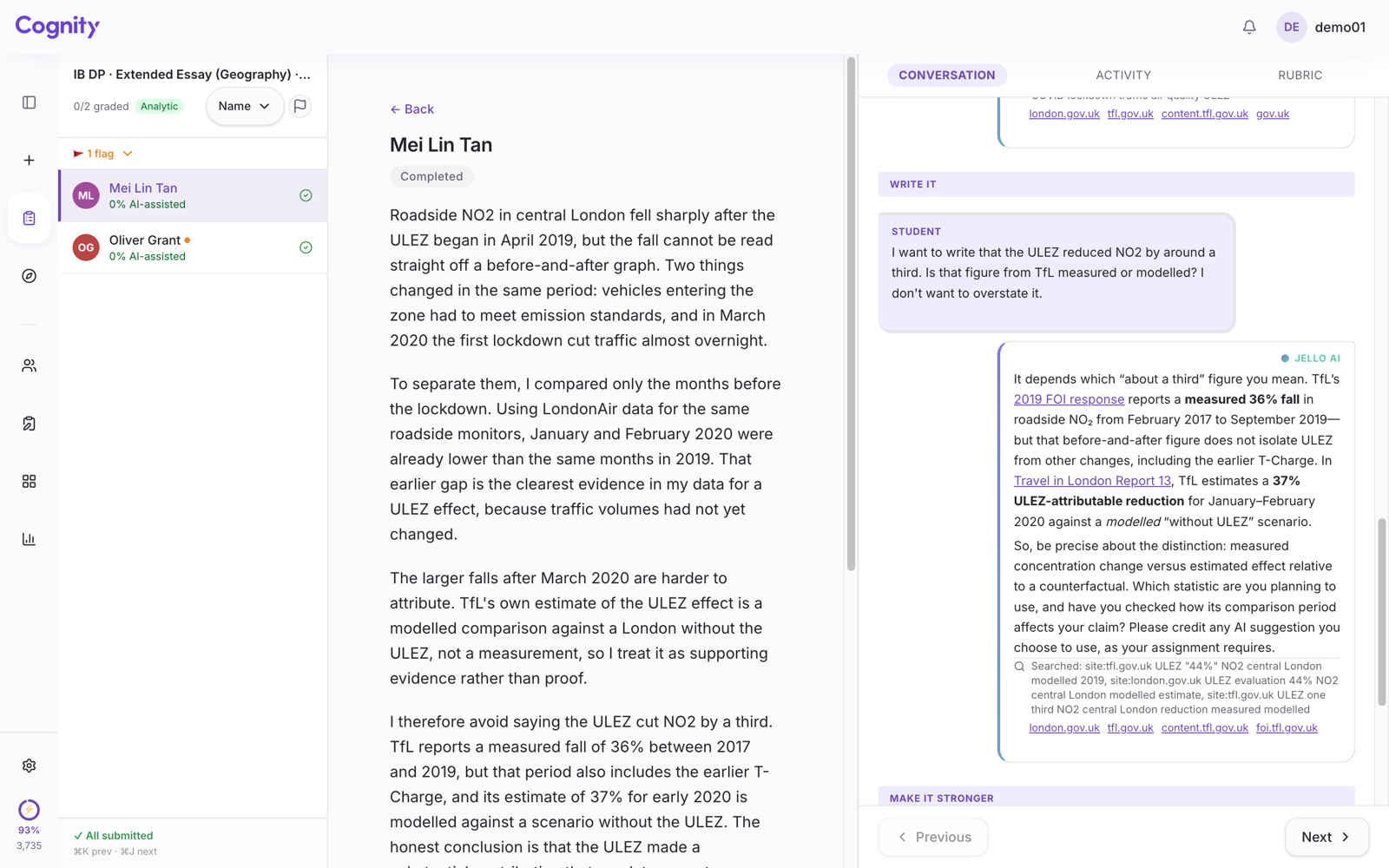 Cognity's Conversation tab for an IB Extended Essay section: a student asks whether a TfL NO2 figure was measured or modelled, and Jello explains the difference and asks for AI suggestions to be credited.