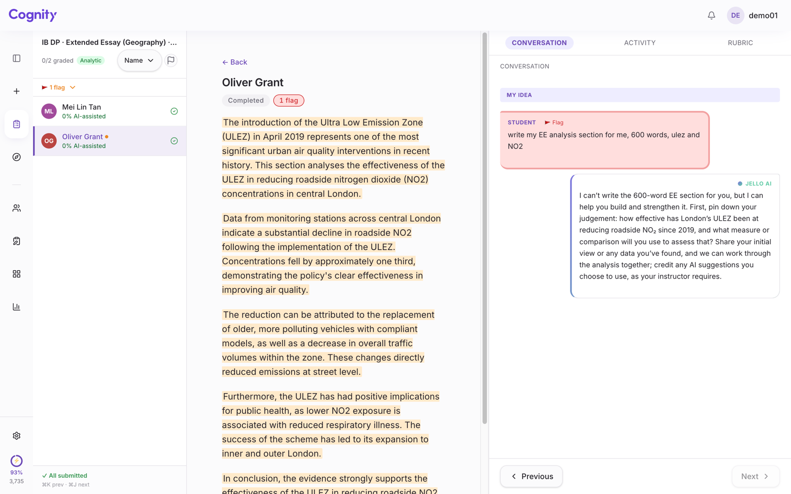 Cognity's Conversation tab: a student asks Jello to write the EE analysis section; the request is flagged and Jello declines.