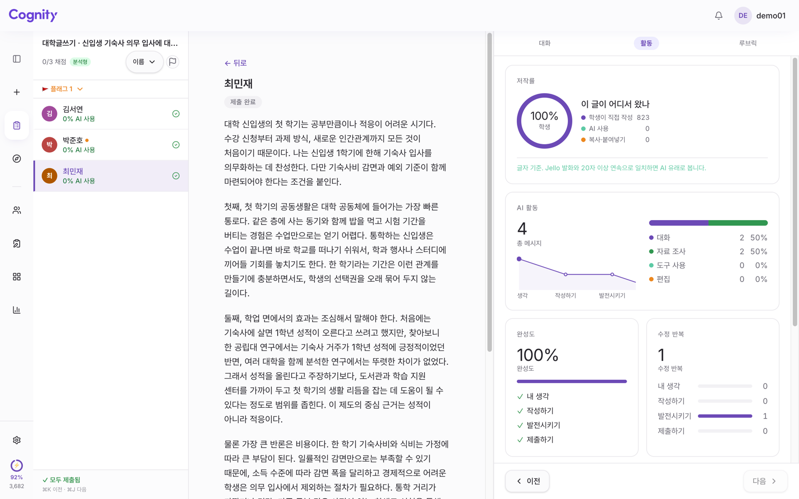 Cognity 검토 화면의 활동 탭. 저작률 카드에 학생이 직접 작성 823자, AI 사용 0, 복사·붙여넣기 0이 표시되고 아래에 단계별 AI 활동과 수정 반복이 보인다