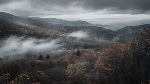 Photograph of a smoky mountain range with an eerie, creepy atmosphere.