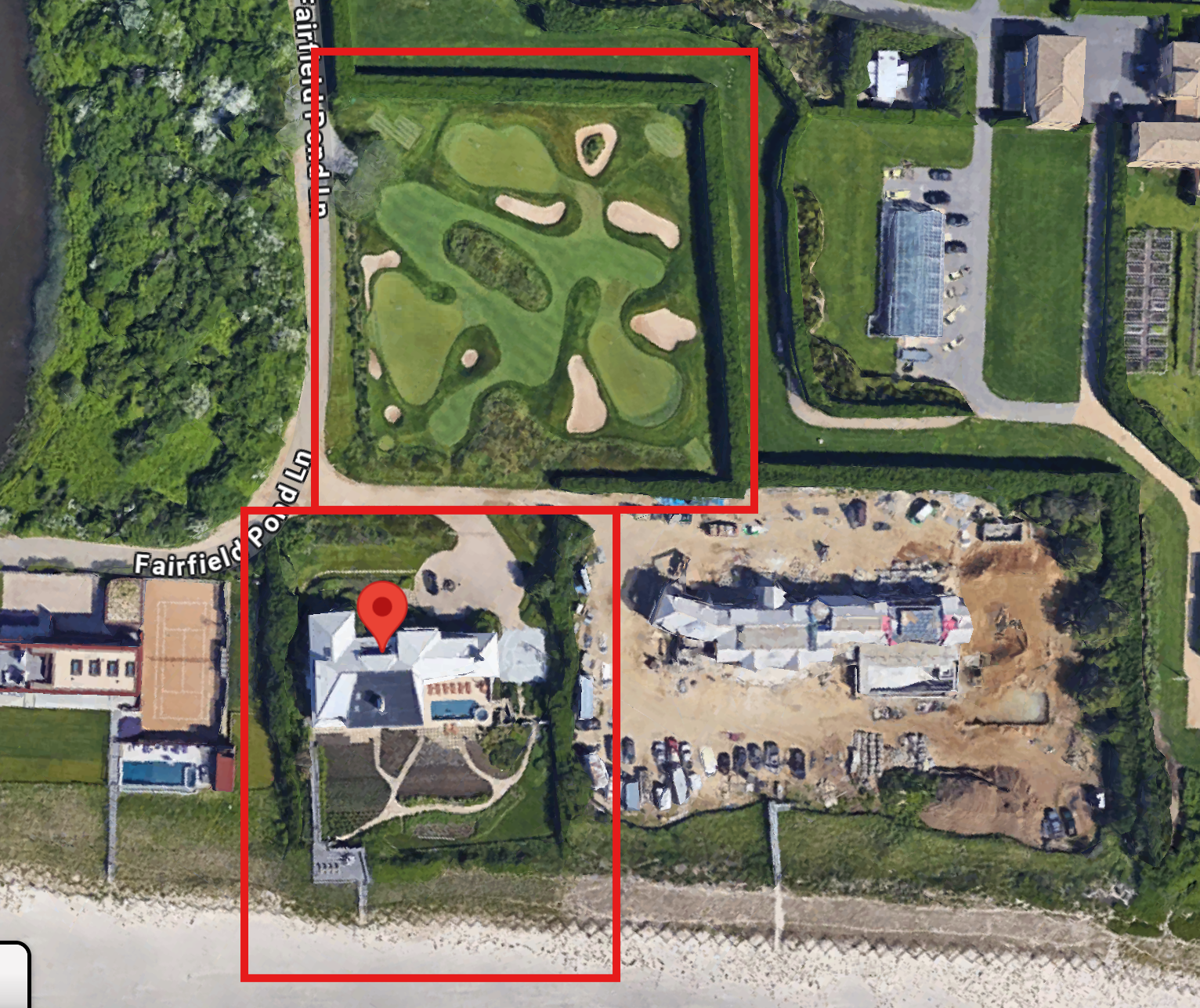 An overhead view of the two properties for sale on Fairfield Pond Lane - Google Maps