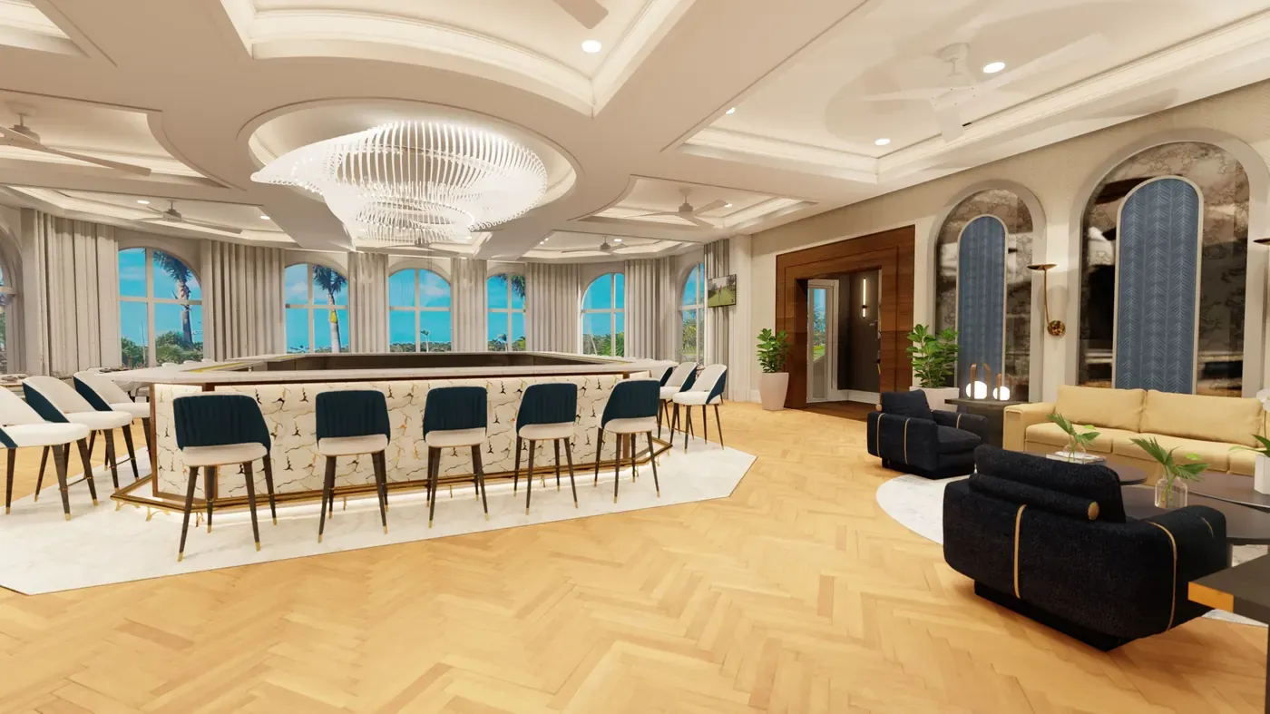 Rendering of Audubon Country Club Sunset Bar gathering space clubhouse renovation in Naples, Florida