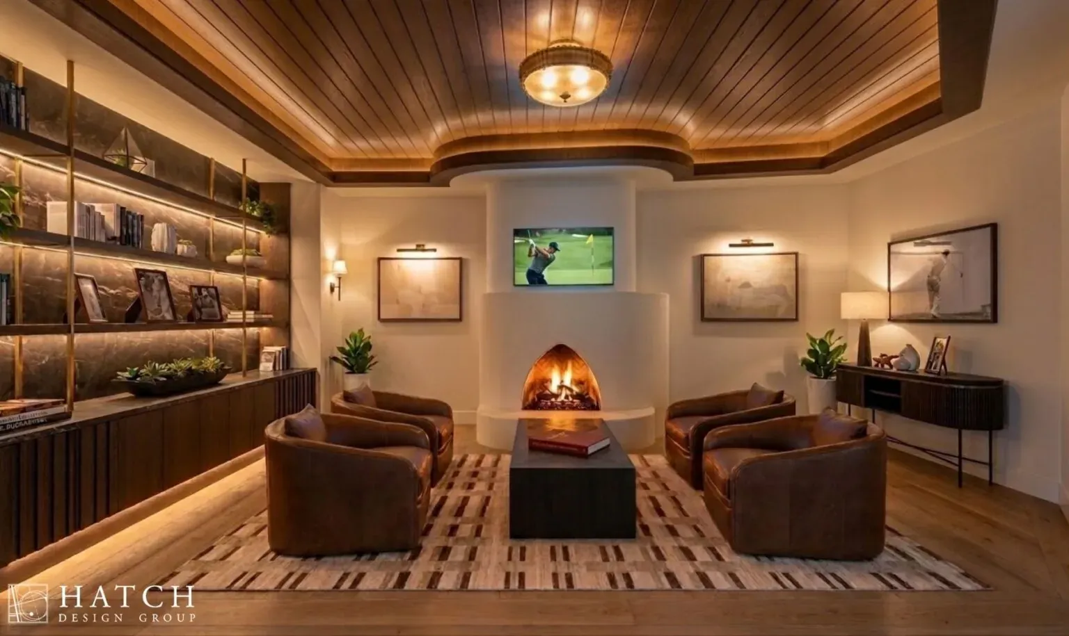 Nicklaus Room fireside lounge rendering at Desert Highlands men's locker room in Scottsdale