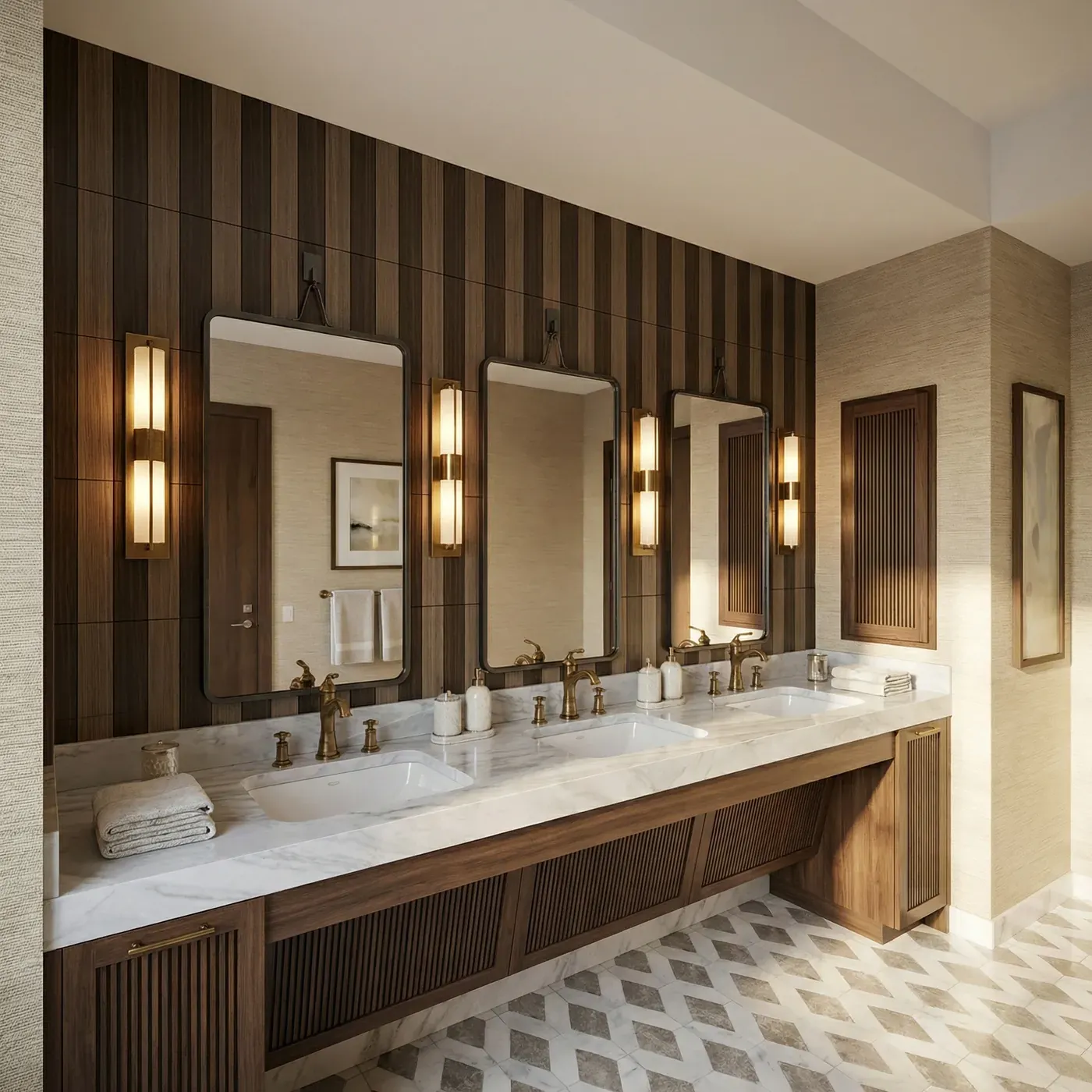 Vanity sinks with leathered granite in Desert Highlands men's locker room renovation