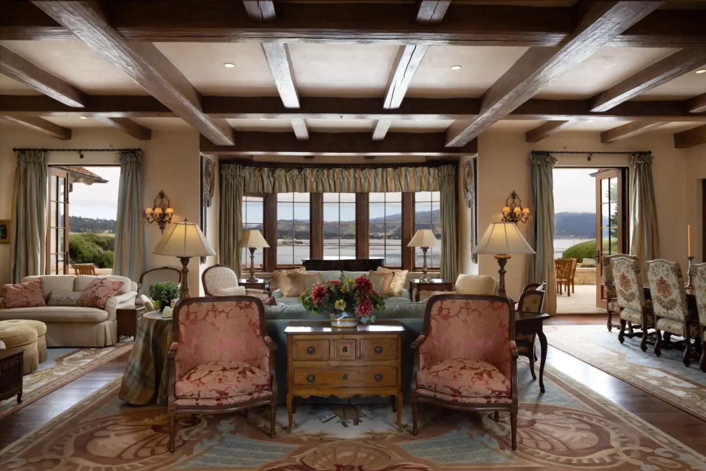Living room with ocean light at Gem Cove, 1494 Cypress Drive, Pebble Beach, California