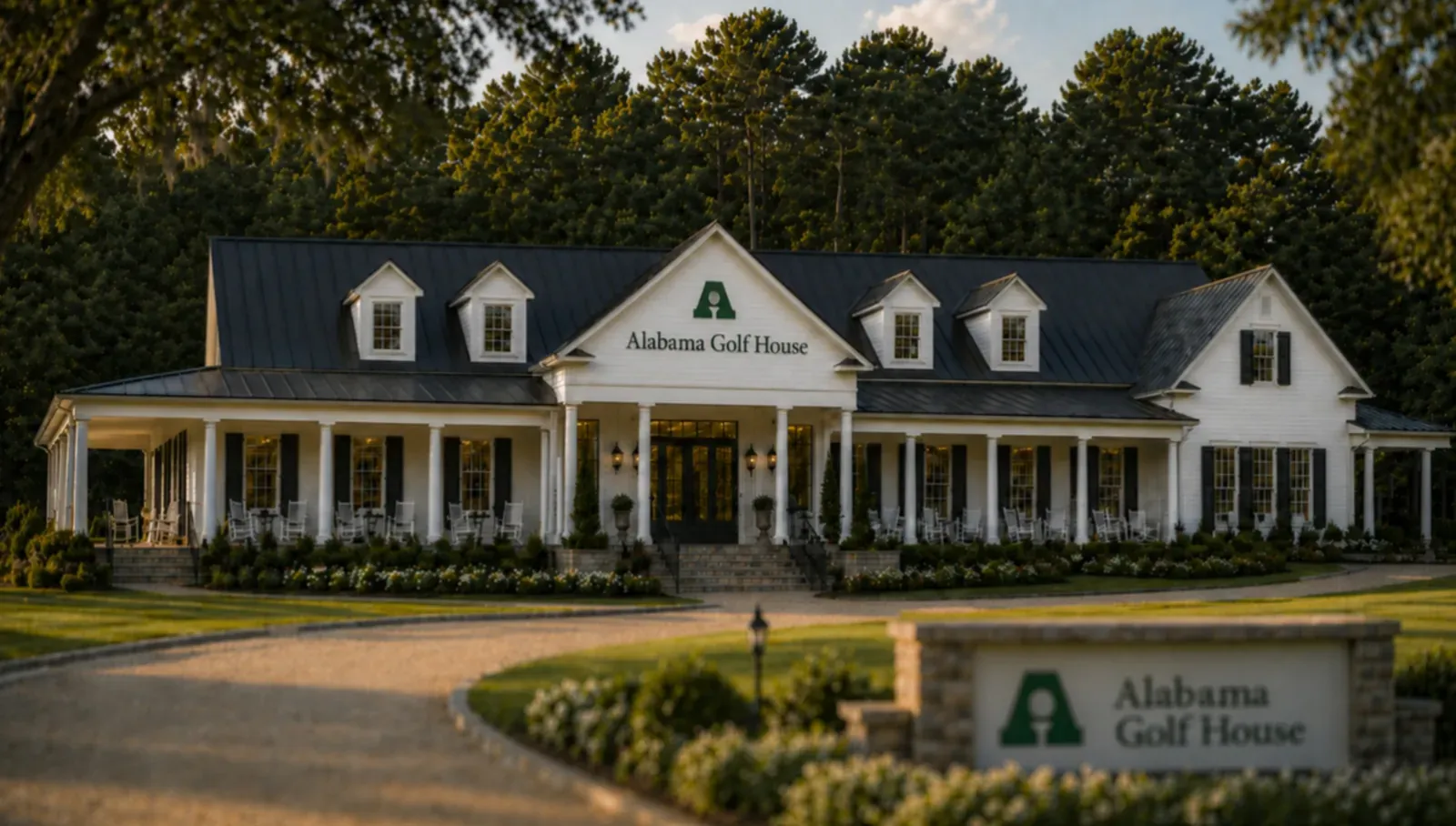 Architectural rendering of the Golf House Alabama clubhouse in Irondale, Alabama, white farmhouse vernacular with dark metal roof and porch