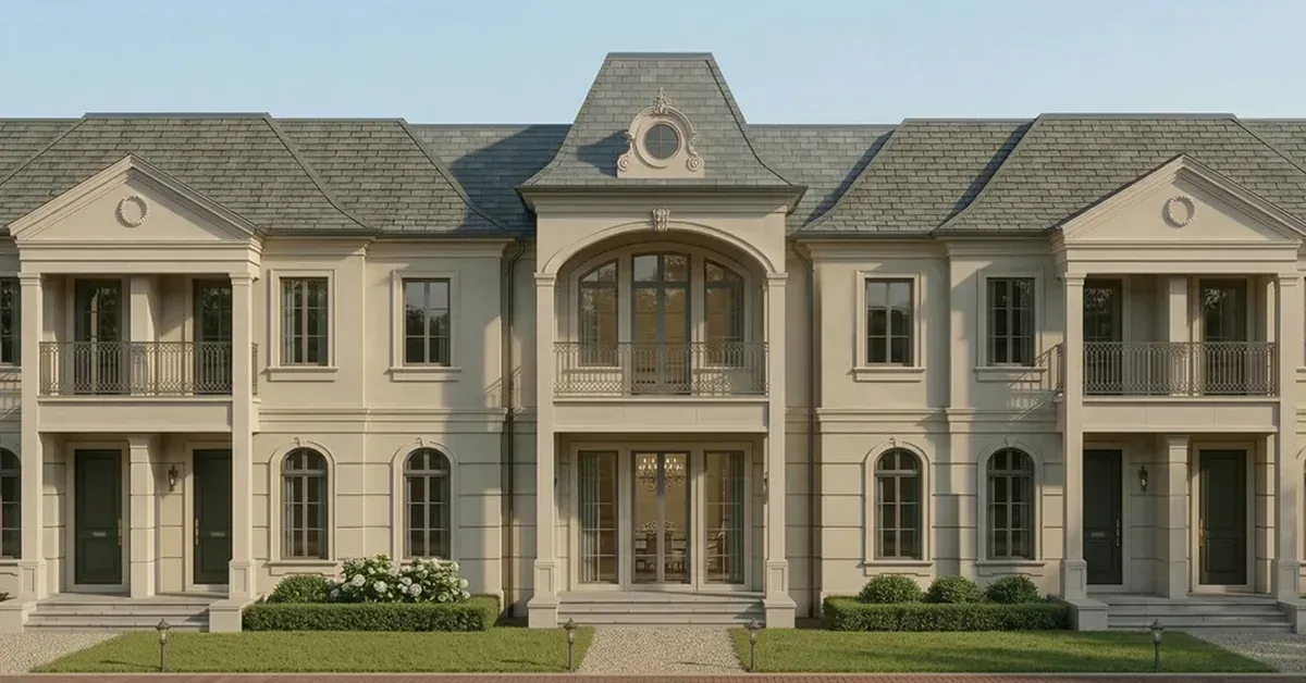 Rendering of clubhouse-adjacent townhomes planned at IronCrest in Ocala, Florida