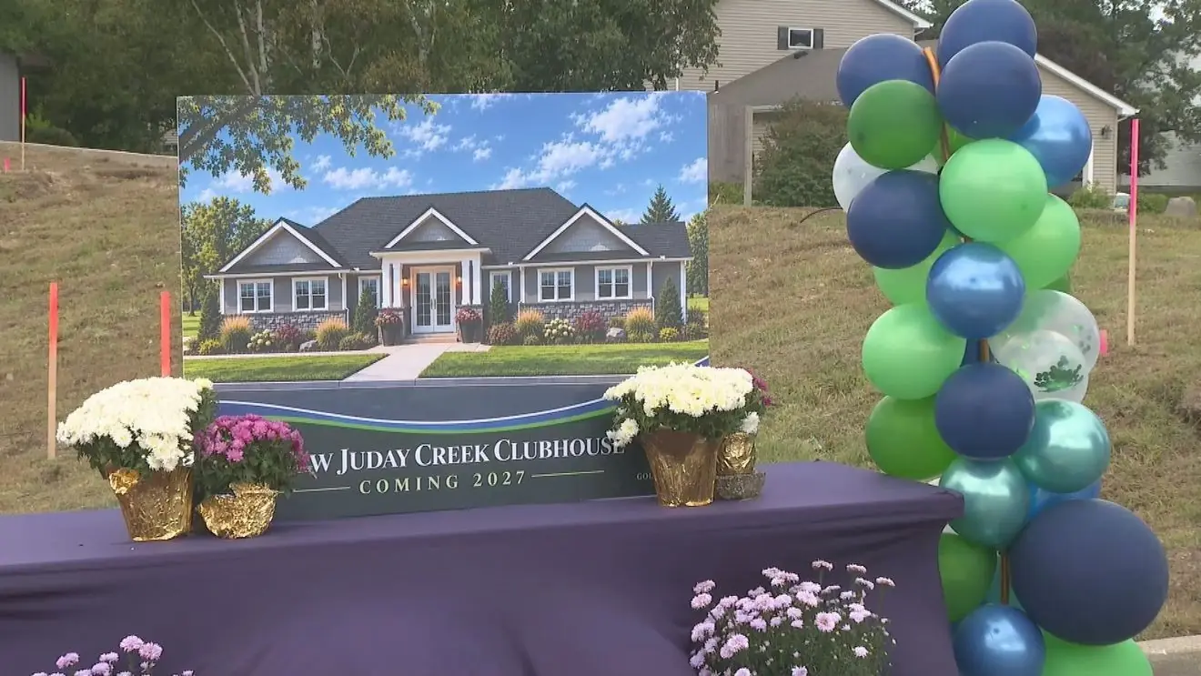 Rendering of the new Juday Creek Golf Course clubhouse displayed at the Granger, Indiana, groundbreaking