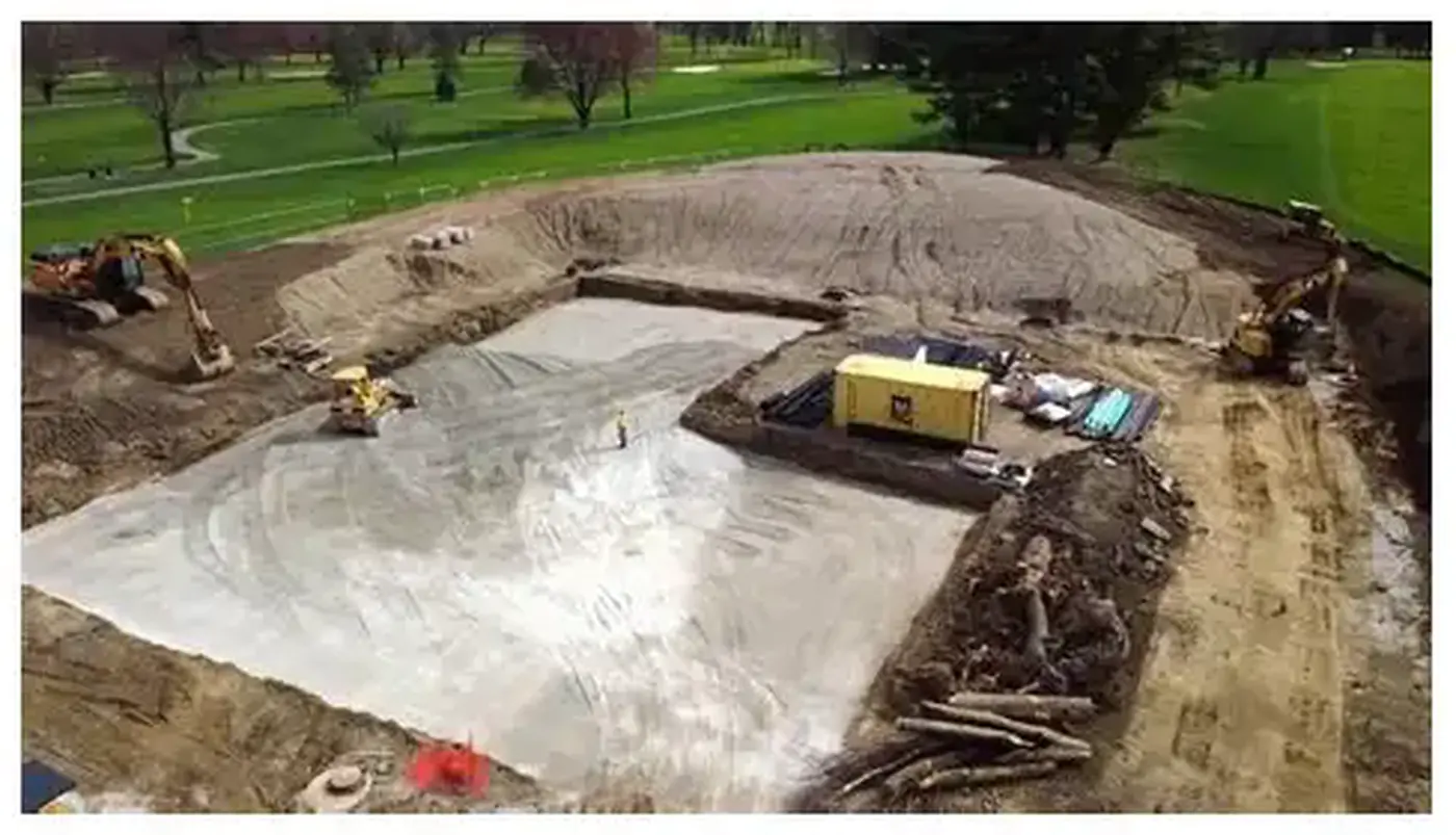 Aerial view of foundation work for the Preakness Valley Golf Course maintenance facility