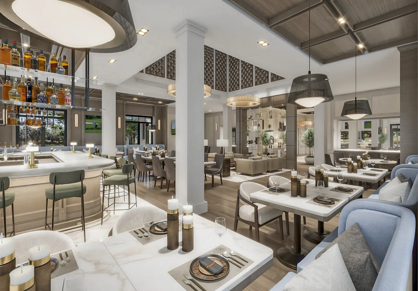 Peacock + Lewis interior rendering of dining and bar at Triple Stick Golf Club clubhouse