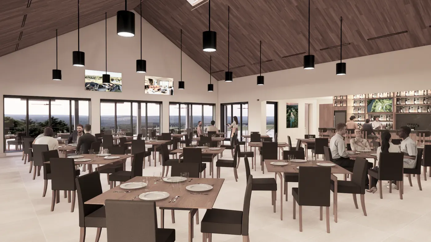 Rendering of primary dining at Victoria National planned clubhouse in Newburgh, Indiana