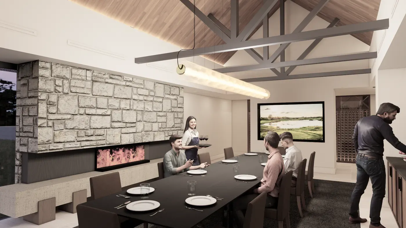 Rendering of private dining at Victoria National planned clubhouse in Newburgh, Indiana