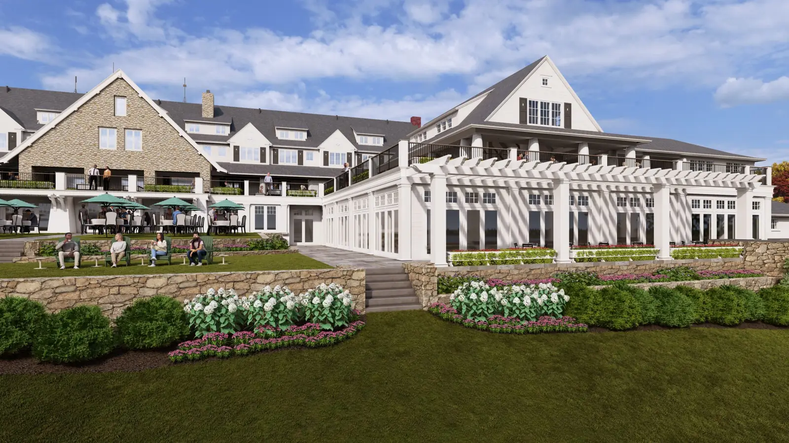 Rendering of a glass-walled lower level under a pergola at the Bald Peak Colony Club clubhouse in New Hampshire