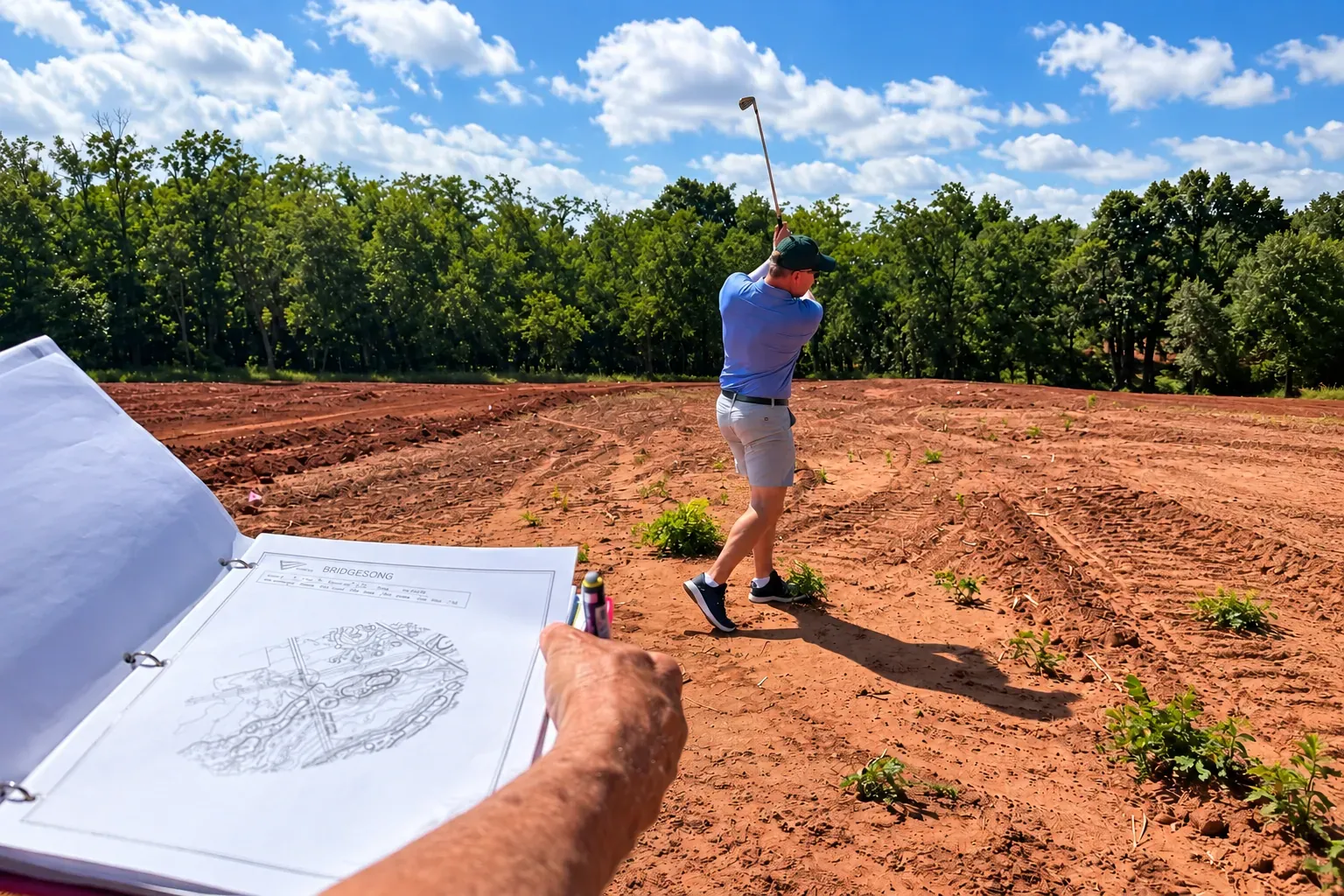 A golfer swings on bare red earth on the Bridgesong construction site while someone holds open a binder showing the course routing plan