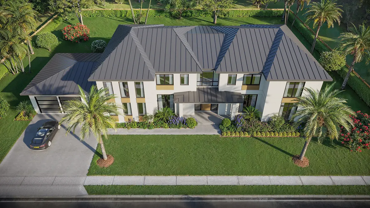 Aerial rendering of a two-story Farrell Estates home with a standing-seam metal roof in Wellington, Florida