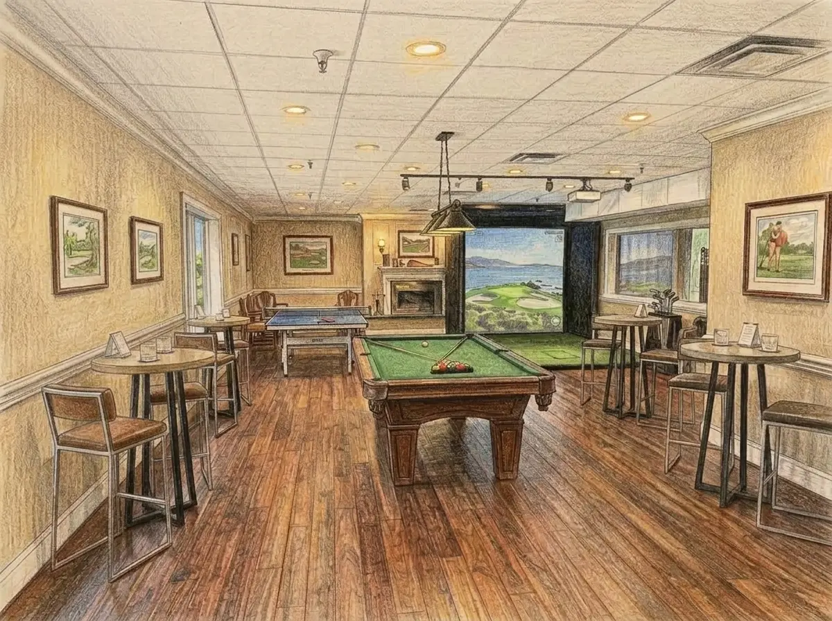 Sketch rendering of a planned 19th hole room with a pool table, high-top tables, framed golf art, and a golf simulator screen