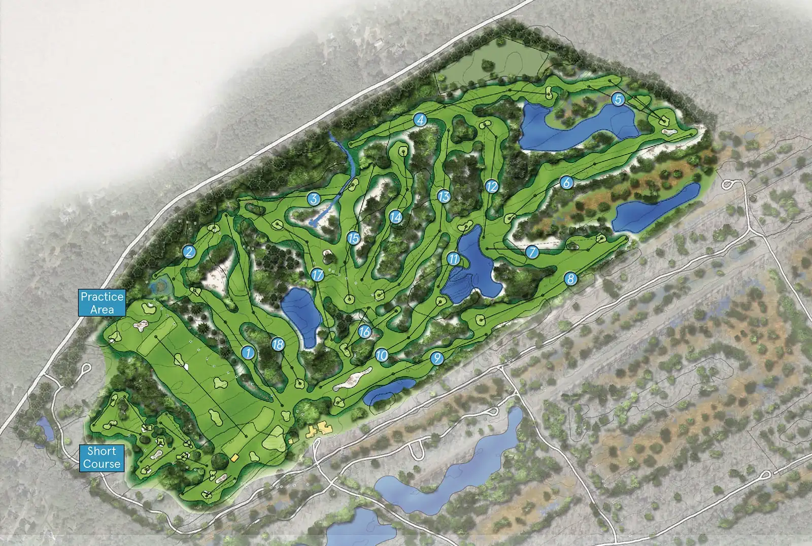 Beau Welling Orange Hill golf routing plan for the 18-hole course, short course, and practice area on Johns Island, SC