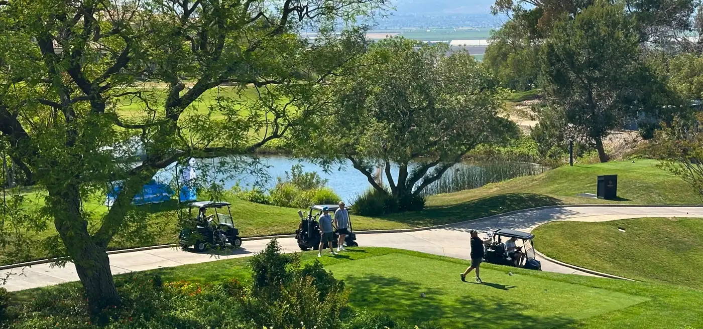 Overlook of the Spanish Hills Club course toward the Camarillo valley and mountains.