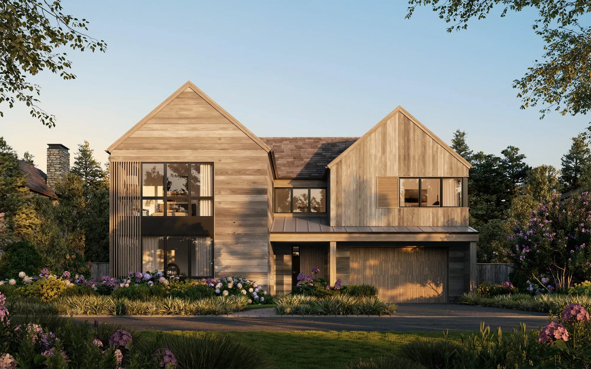 Rendering of a gabled cedar home at The Hills in East Quogue, New York