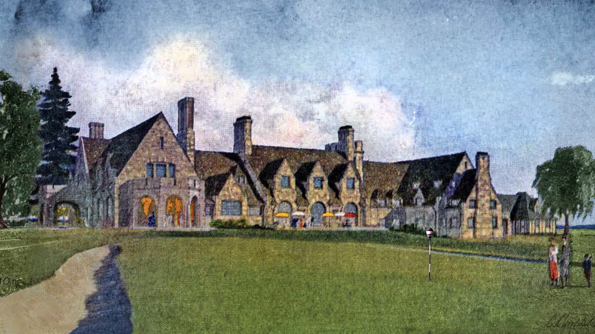 A watercolor painting of Winged Foot Golf Club's clubhouse, painted by the building's architect CC Wendehack