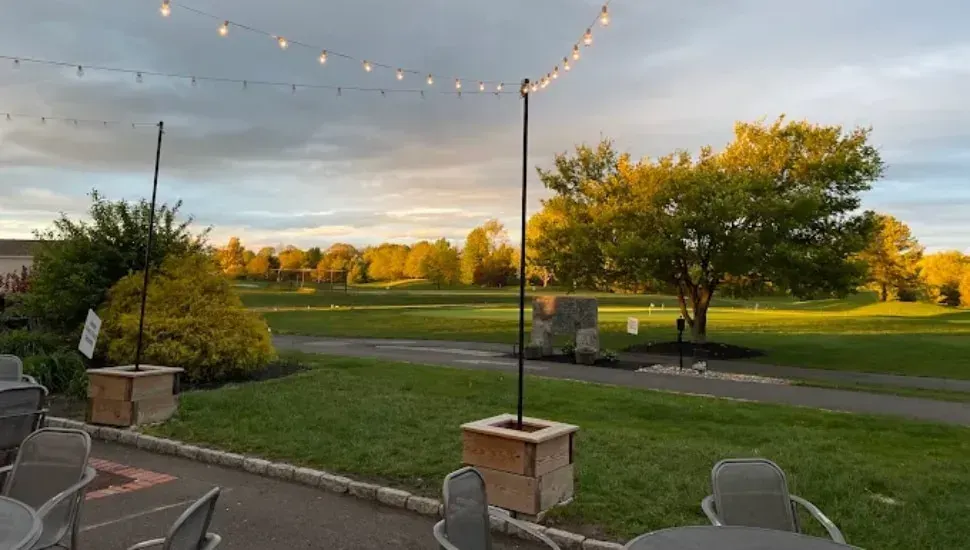 Existing Five Ponds Golf Club clubhouse patio and grounds in Warminster, Pennsylvania, heading into the rebuild