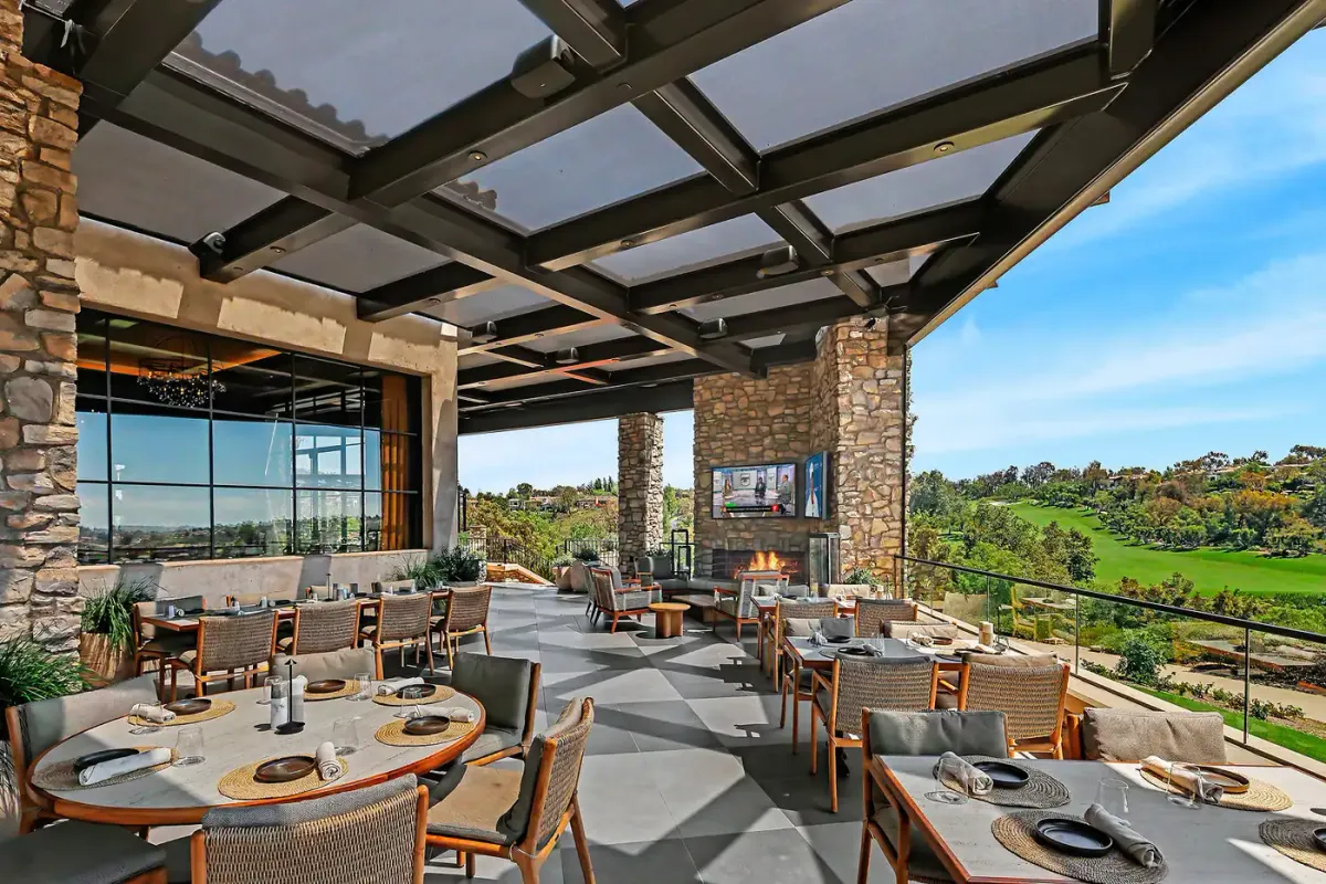 Living Room Terrace at The Bridges at Rancho Santa Fe renovated clubhouse overlooking the golf course, California