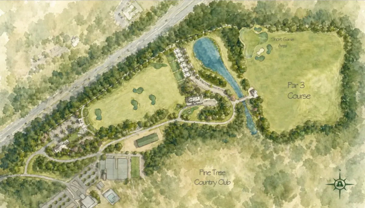 Aerial campus rendering of Golf House Alabama in Irondale, Alabama, showing the golf house, instructional clubhouses, range, and par-3 course next to Pine Tree