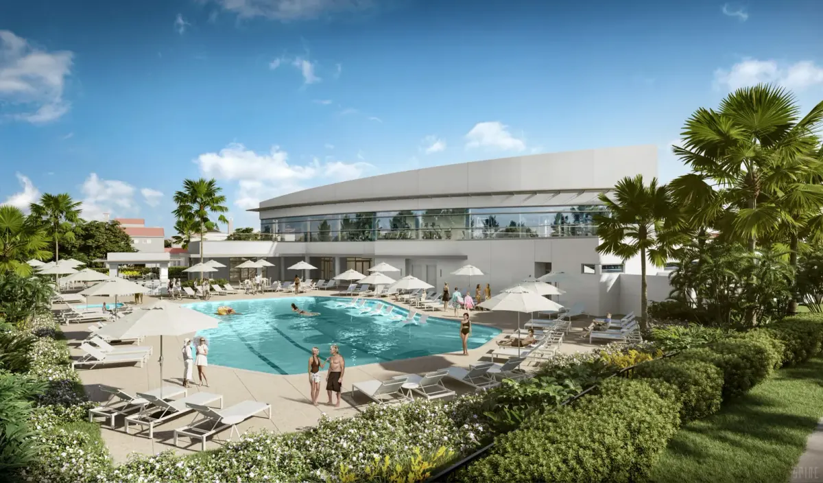 Architectural rendering of The Cove lifestyle and wellness clubhouse and pool at Grand Harbor Golf & Beach Club in Vero Beach, Florida