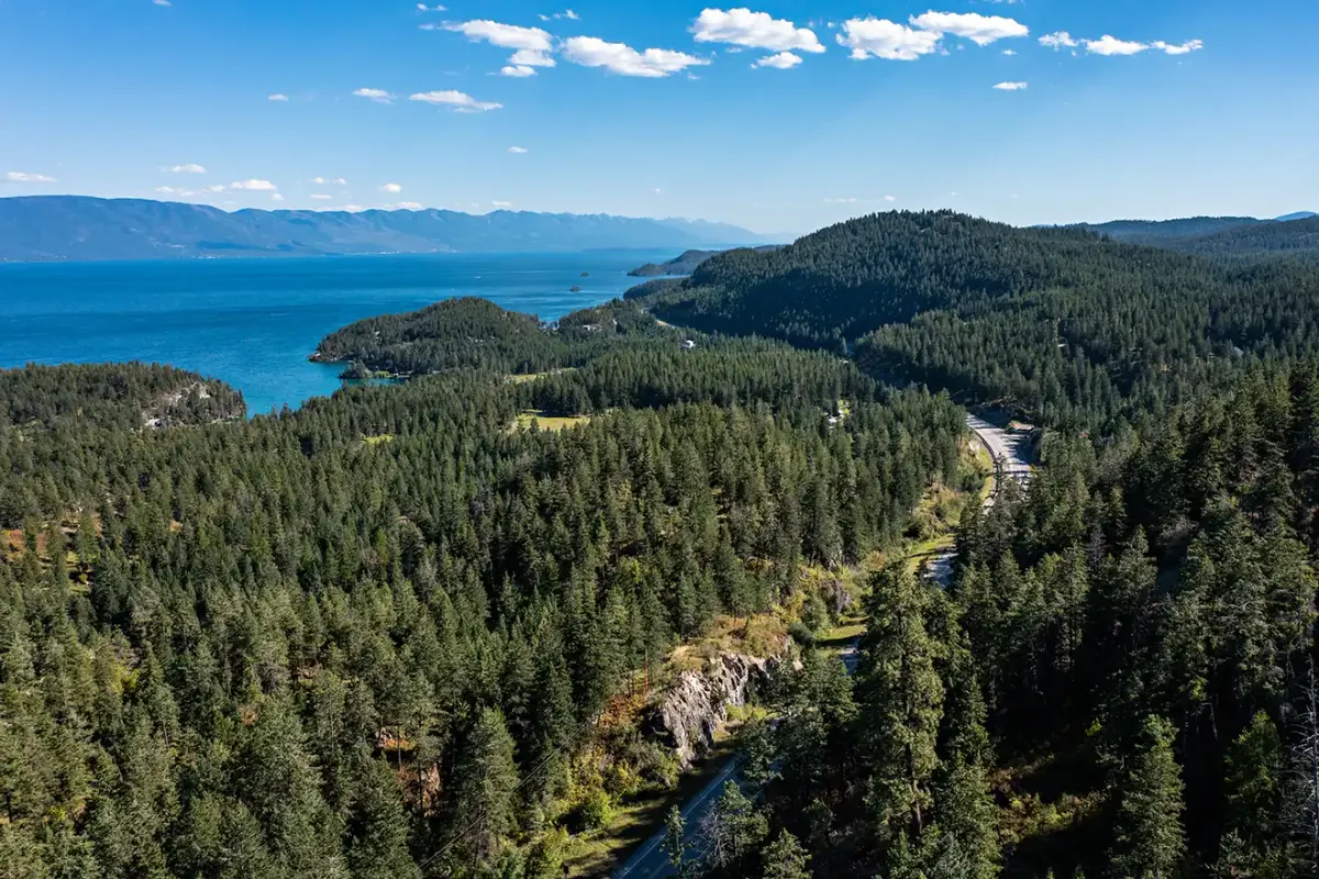 Forested hills above Flathead Lake near Lakeside, Montana, the landscape around Territory 1889