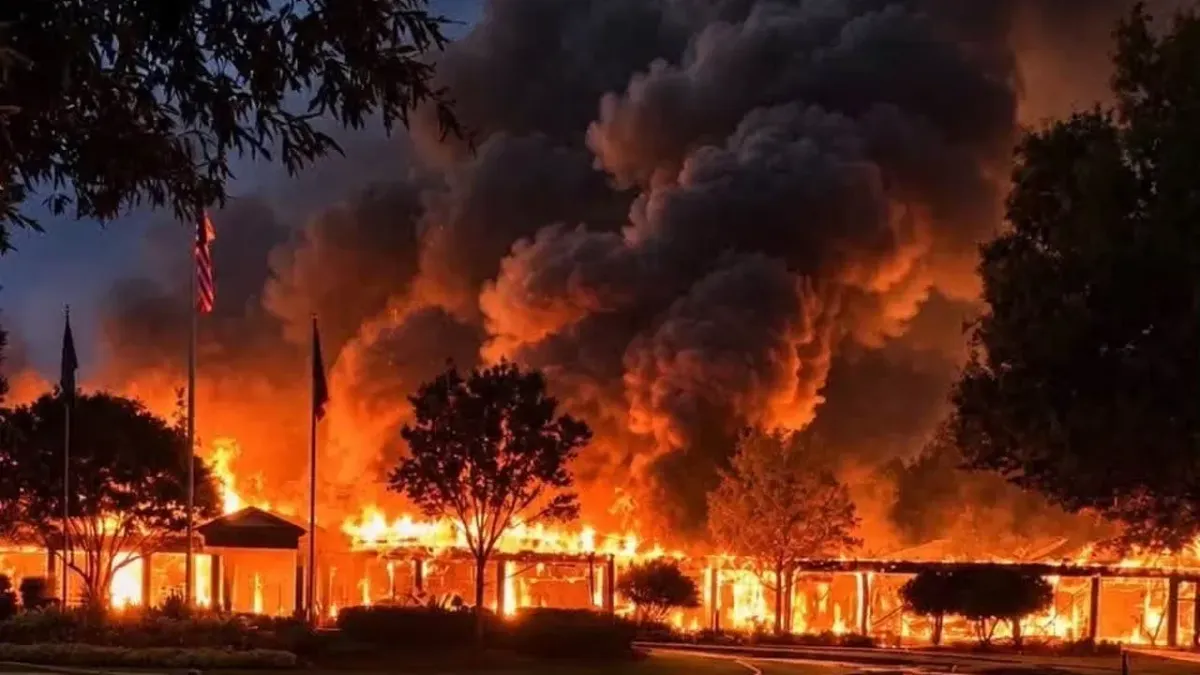 Flames and heavy smoke rise over The Landing clubhouse at Reynolds Lake Oconee in Greensboro, Georgia, on October 10, 2026