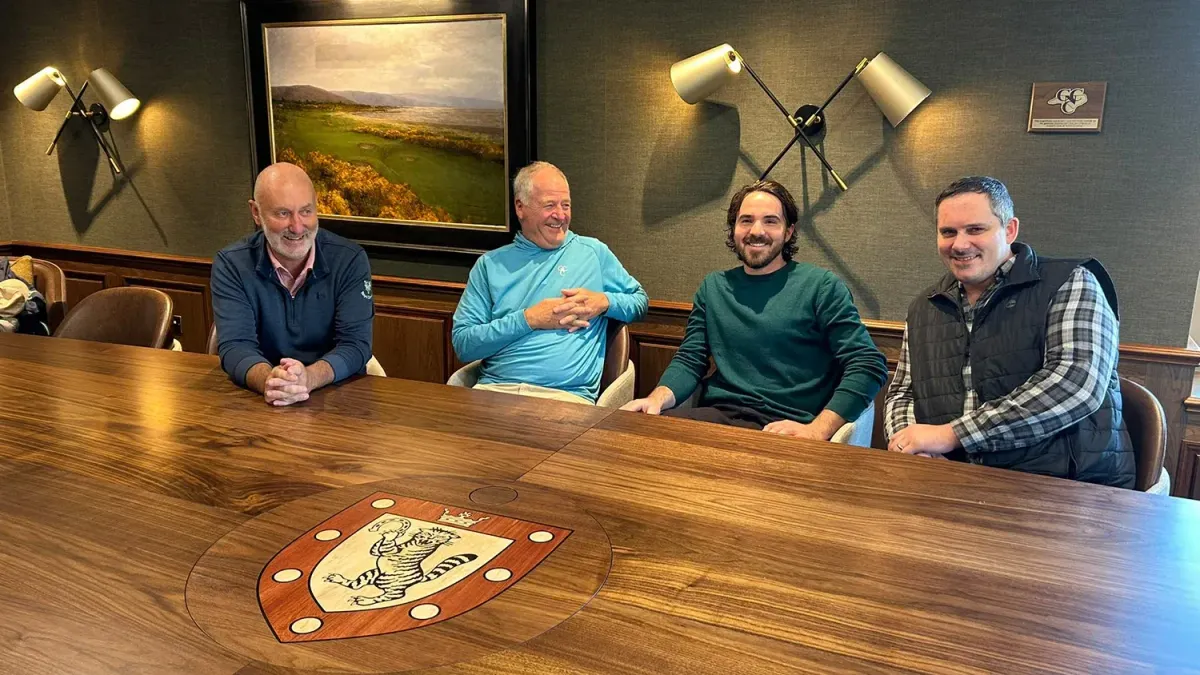 The 4.8m American black walnut table with inlaid Royal Dornoch coat of arms in the Donald Ross Room of the club's new clubhouse